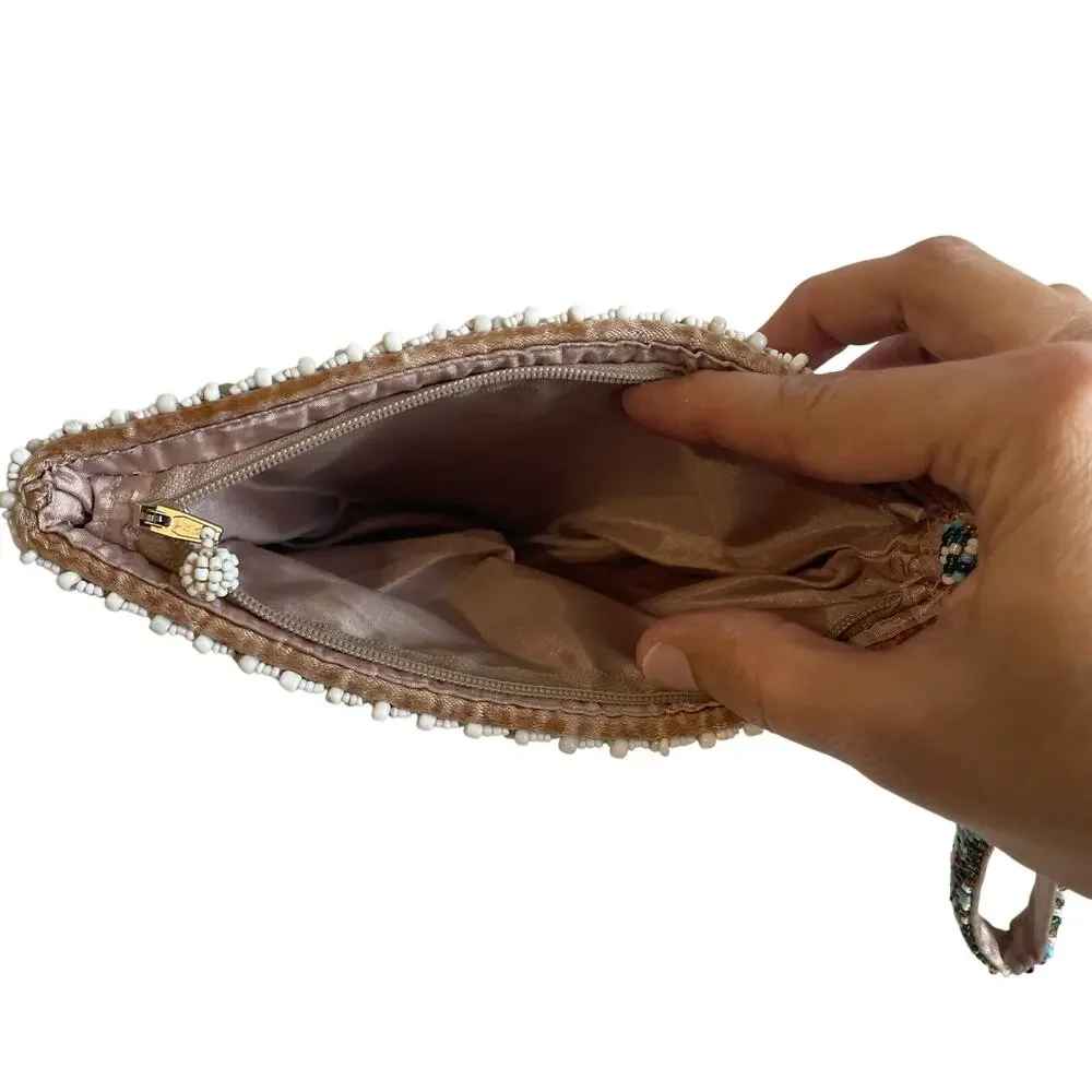 Glass Beaded Mini Wristlet Clutch Y2K Boho Evening Bag Multicolor Blue Cream